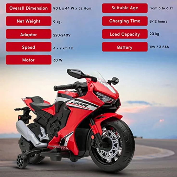 Beneo Kinder-Elektromotorrad HONDA CBR 1000RR, lizenziert, 12V-Batterie, Kunstledersitz, Kunststoffräder, 30W-Motor, LED-Beleuchtung, solider Rahmen, Hilfsräder, rot – Bild 5