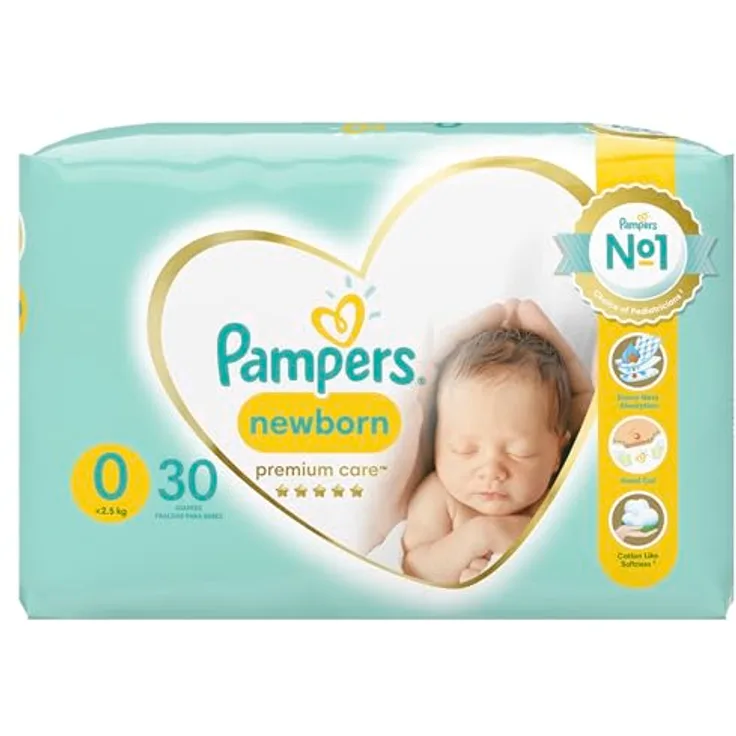 Pampers Premium Care Size 0, Einwegwindeln für Neugeborene bis 3kg, 30 Stück, mit schneller Absorption und atmungsaktivem Material