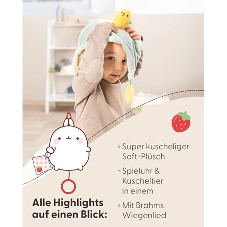 Nici Spieluhr Molang, 15 cm, plüschig mit herausnehmbarem Spielwerk und Brahms Wiegenlied, rosa-weiß kariert – Bild 4