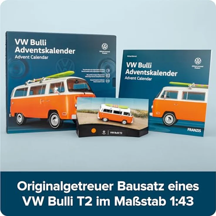 FRANZIS VW Bulli Advent Calendar inkl. Metall-Modellauto im Maßstab 1:43, Soundmodul mit original VW Bulli T2 Klang und großformatigem Begleitbuch – Bild 2