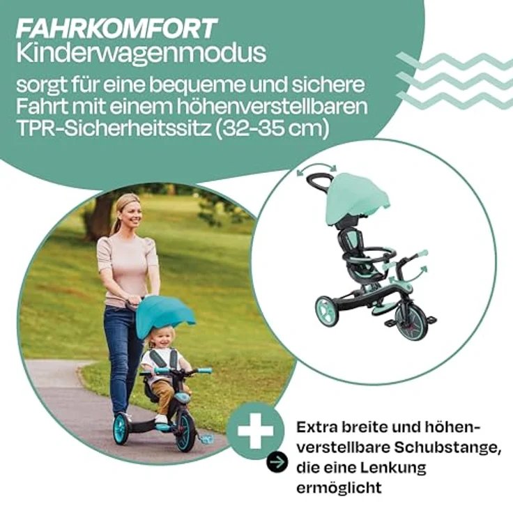 Globber Explorer Trike 4in1 Pro in Mint – Dreirad, Laufrad und Kinderwagen in 10/8,5 Zoll – TPR-Sitz – höhenverstellbares Kinderfahrzeug – Bild 5