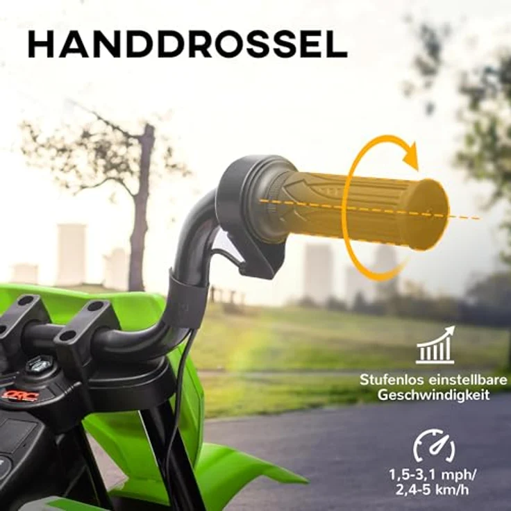 AIYAPLAY Elektro-Kindermotorrad 12V, mit Musik, abnehmbaren Trainingsrädern, 2,4-5 km/h, für Kinder von 3-6 Jahren, max. 30 kg, Grün – Bild 3
