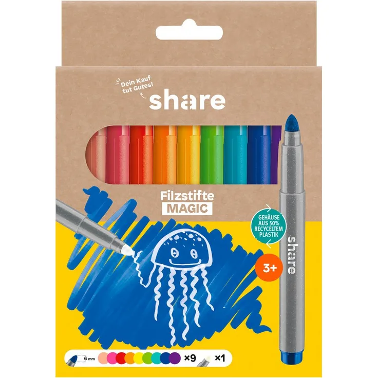 share Faserstift Filzstift Magic, 10er-Set, 9 brillante Farben, Magic Marker, recycelte Materialien