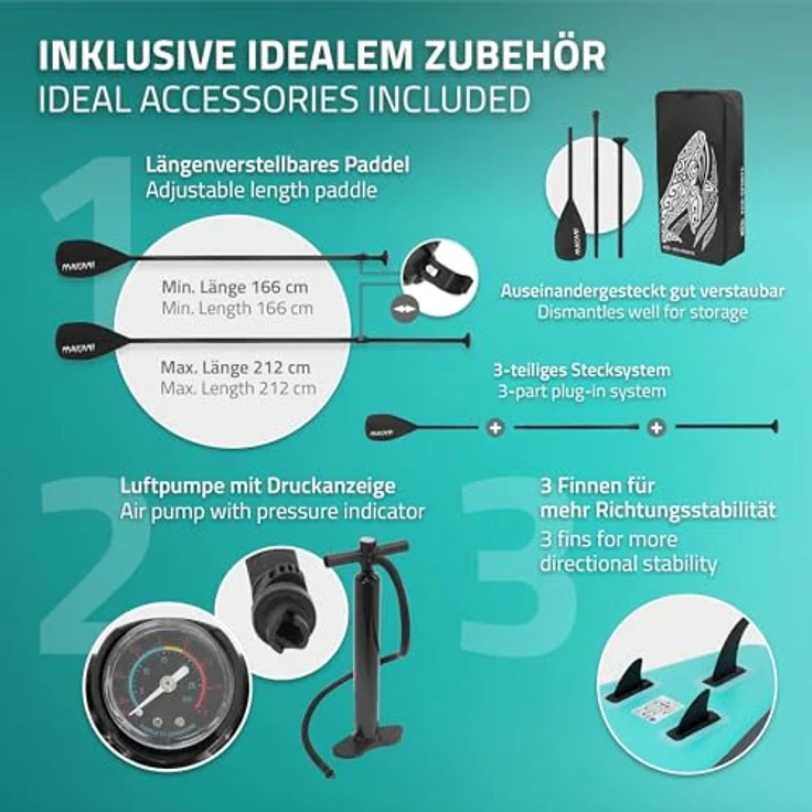 ECD Germany Aufblasbares Stand Up Paddle Board Makani | 320 x 80 x 15 cm | Türkis | PVC | bis 120 kg | Komplettes Zubehör inkl. Paddel und Handpumpe – Bild 4