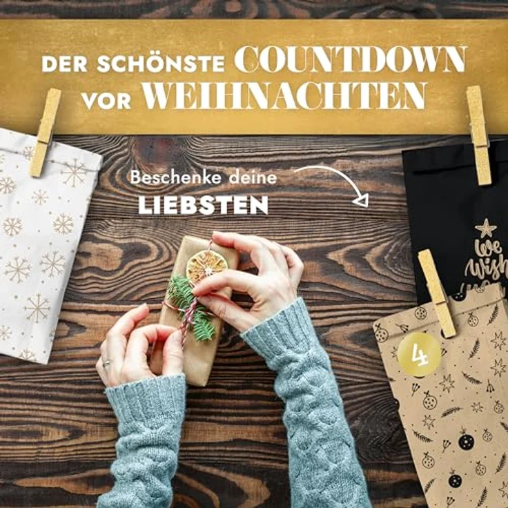 Amari Adventskalender zum Befüllen - 24 Papier Adventstüten (mit Holzklammern) zum Basteln für Weihnachten - Papier Weihnachtstüten mit Zahlenaufkleber – Bild 3