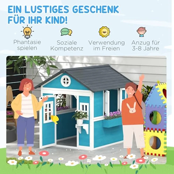 Outsunny Kinderspielhaus aus Holz, Outdoor Spielhaus mit Fenster, Blumenregal und Pflanzenkasten, für Kinder 3-8 Jahre, blau – Bild 5
