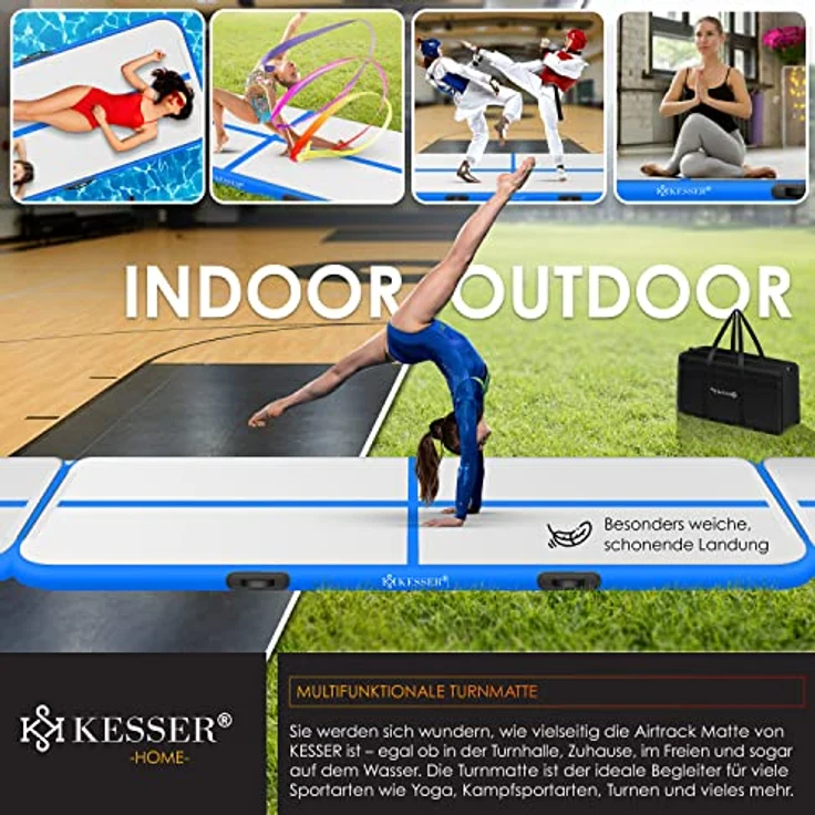 KESSER® Turnmatte Aufblasbar Airtrack Fitness-Matte Gymnastikmatte 3/4/5/6m | inkl. Tragetasche & elektr. Luftpumpe | Yogamatte, Tumbling Matten , Trainingsmatte Sportmatte Yoga, Turn- & Fitness Blau, 400 x 100 x 10 cm – Bild 7