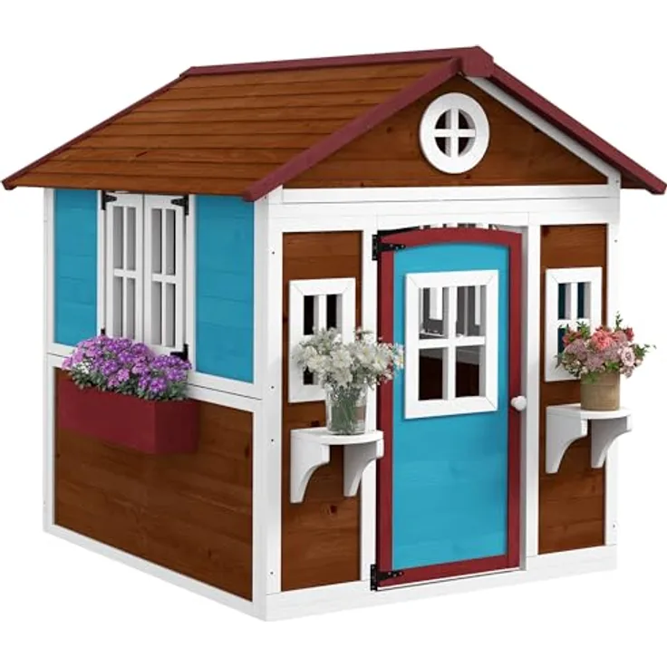Outsunny Kinderspielhaus aus Holz, Outdoor Spielhaus mit Fenster, Blumenregal und Pflanzenkasten, für Kinder 3-8 Jahre, dunkelbraun
