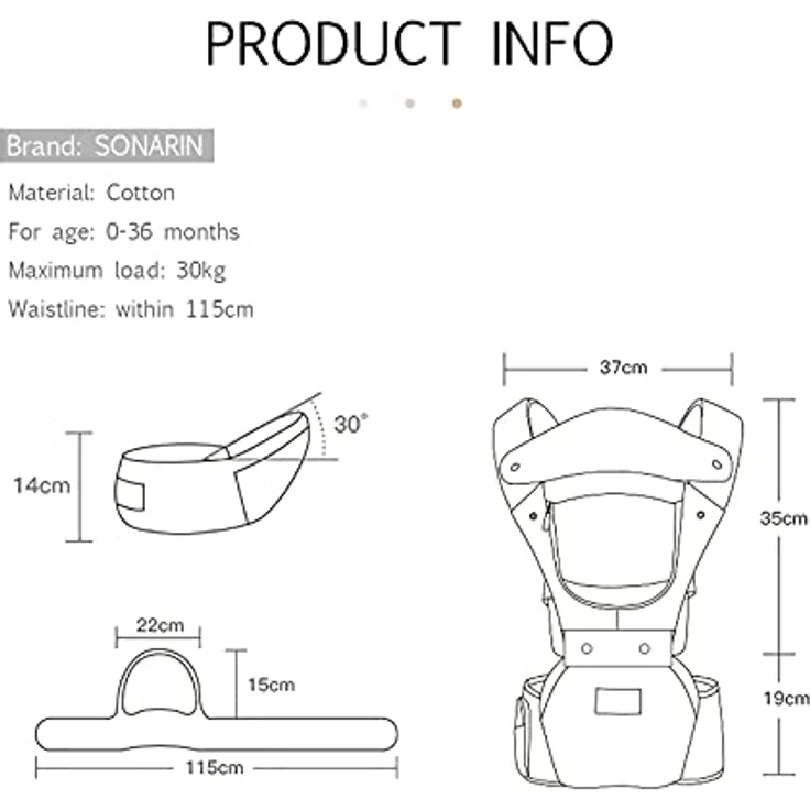 SONARIN Multifunktions 3-in-1 Babytrage mit Hüftsitz,Reine Baumwolle 3D Air Mesh Atmungsaktive Babytrage für Baby 0-36 Monate,Ergonomisch,Einstellbar,Alle Positionen,Bis zu 30 KG(Cyan) – Bild 7