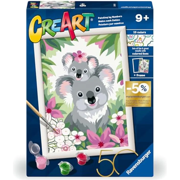 Ravensburger CreArt 20050 Koala Cuties Malen nach Zahlen für Kinder ab 9 Jubiläum 50 Jahre Blaues Dreieck mit kindgerechten Acrylfarben – Bild 2