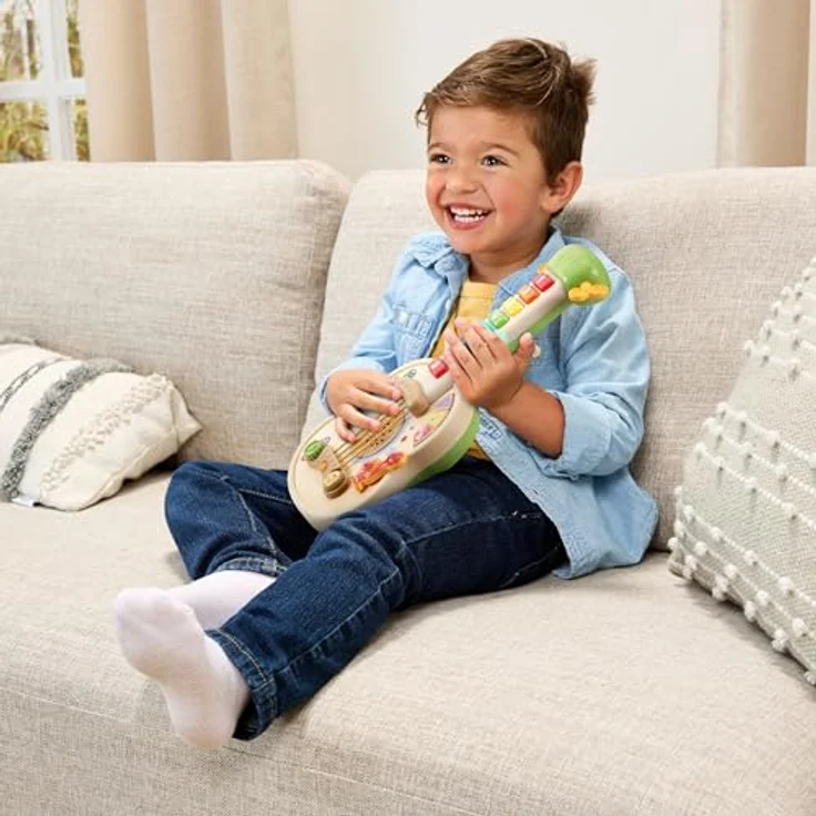 Vtech Interaktive Holz-Gitarre, 3 Spielmodi, 8 bunte Tasten, aufleuchtende Gitarrentasten, 4 gesungene Lieder, kindersicheres Batteriefach – Bild 4