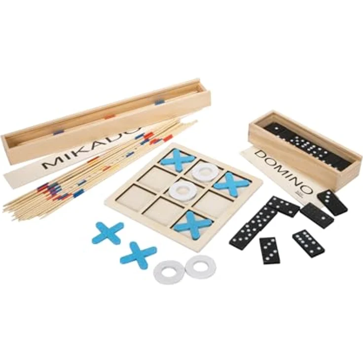 GICO Reisespiel Set, 3 klassische Holzspiele: Domino, Mikado und Tic Tac Toe für Kinder und Erwachsene - 7966 – Bild 1