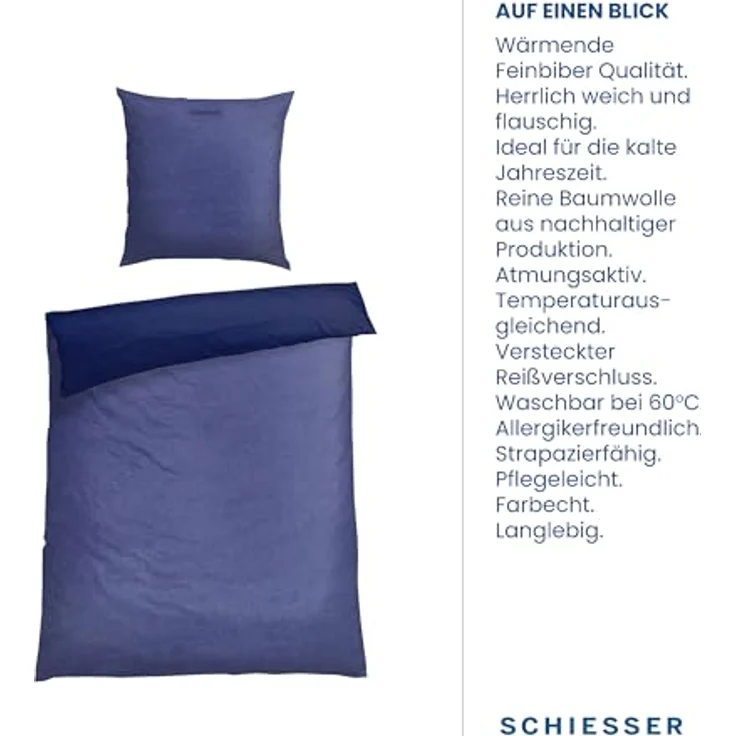 Schiesser Feinbiber Wendebettwäsche Doubleface, 100% Baumwolle, Farbe:Blau und Dunkelblau, Größe:135 cm x 200 cm – Bild 4