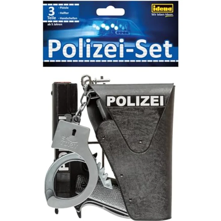 Idena Polizei Set 8040007, Spielzeugpistole, Halfter, Handschellen, Kostümzubehör für Karneval und Mottopartys – Bild 1