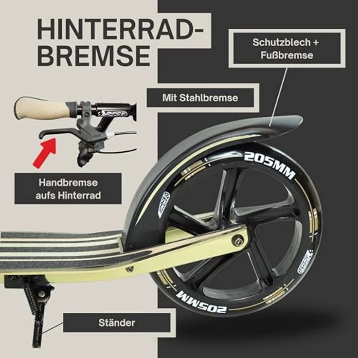 Best Sporting Scooter 205 mm Olivgrün Metallic, klappbarer Cityroller mit Vorderradfederung, Handbremse, Klingel und Tragegurt, höhenverstellbar für Kinder & Erwachsene bis 100 kg – Bild 4