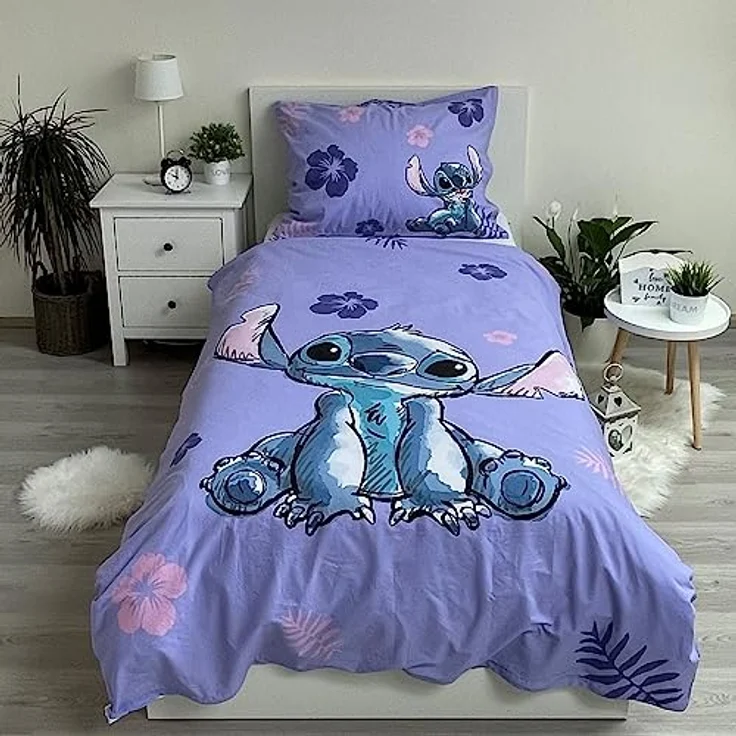 Jerry Fabrics Kinder Bettwäsche Wendebettwäsche Lilo und Stitch mit Blumen lila, 100% Baumwolle, 140x200 cm Bettdeckenbezug, 70x90 cm Kopfkissenbezug – Bild 2