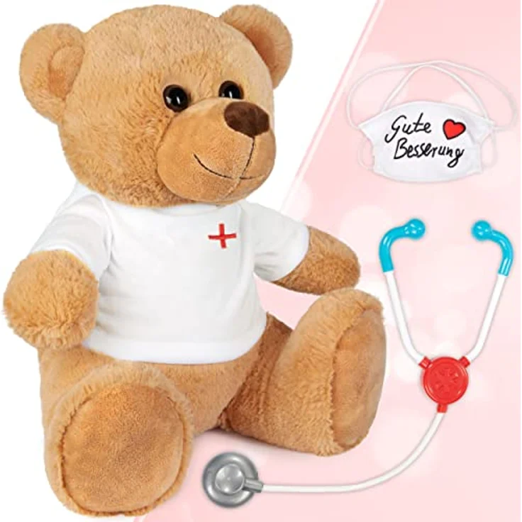 BRUBAKER Teddy Plüschbär mit Mundschutz und Stethoskop - Gute Besserung - 35 cm - Teddybär mit Arzt Shirt Weiß - Braun Hellbraun - Preisvergleich – Bild 2