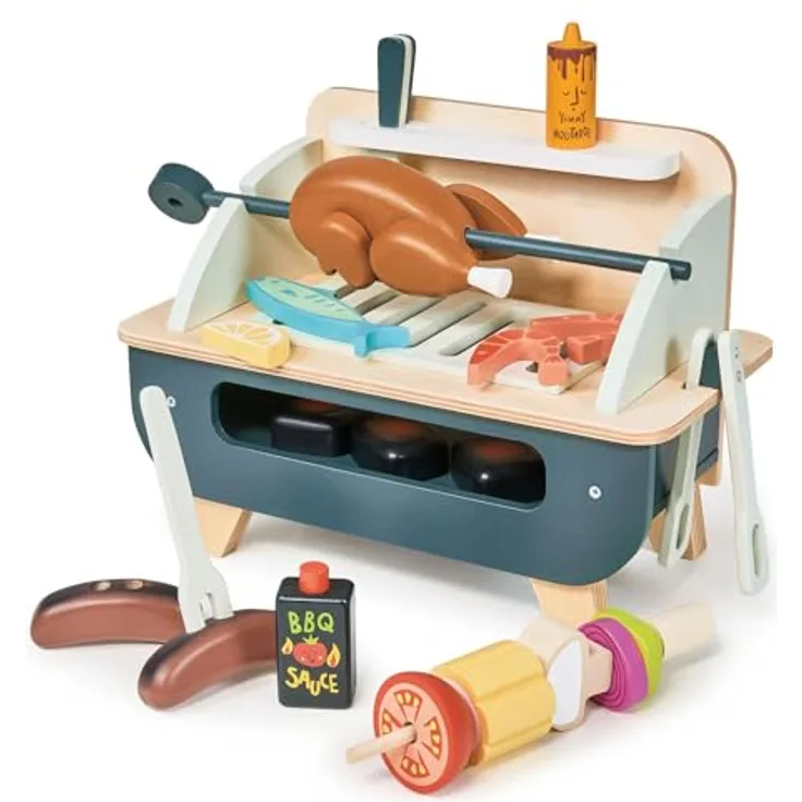Tender Leaf BBQ-Set, interaktives Grill-Spielzeug aus Gummibaumholz mit Grill, Rotisserie-Huhn und Grillzubehör, 23 x 10 x 20.8 cm