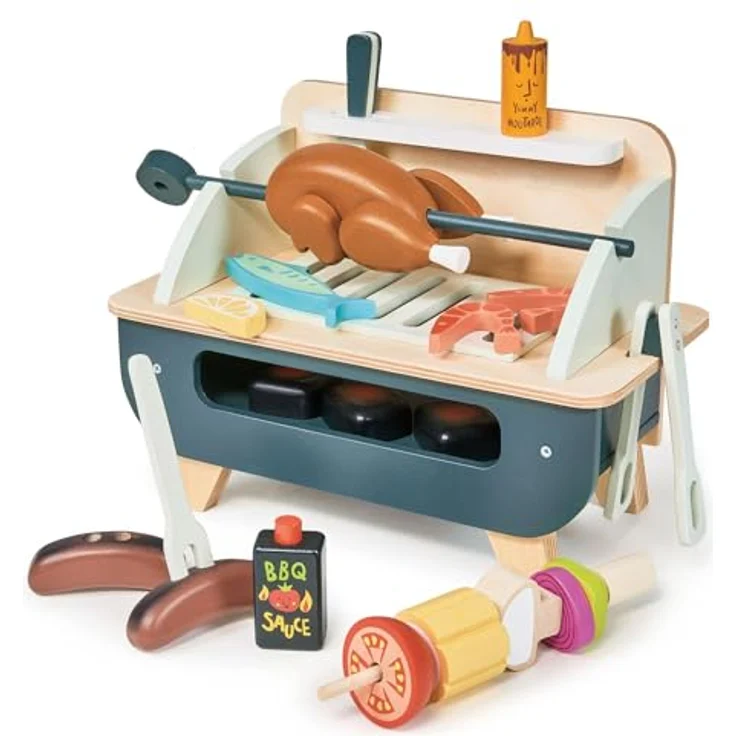Tender Leaf BBQ-Set, interaktives Grill-Spielzeug aus Gummibaumholz mit Grill, Rotisserie-Huhn und Grillzubehör, 23 x 10 x 20.8 cm – Bild 1