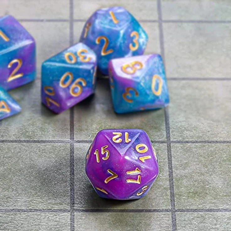 QMAY DND Dice Polyedrisches Würfel Set, 7 Stück in Lake Blue Mix Violett mit Glitter, ideal für Dungeon und Dragons MTG RPG D&D (D20, D12, D10, D%, D8, D6, D4) – Bild 2