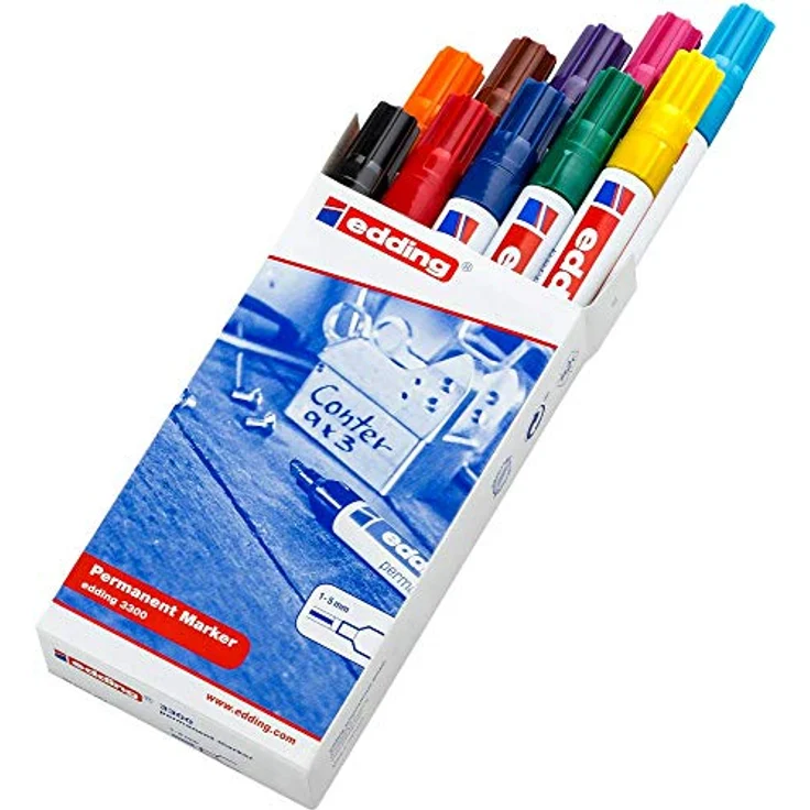 edding 3300 Permanentmarker - mehrfarbig - 10 Stifte - Keil-Spitze 1,5-3mm - schnell trocknender Permanent Marker - wasserfest, wischfest - für Karton, Kunststoff, Holz, Metall - Universalmarker – Bild 2