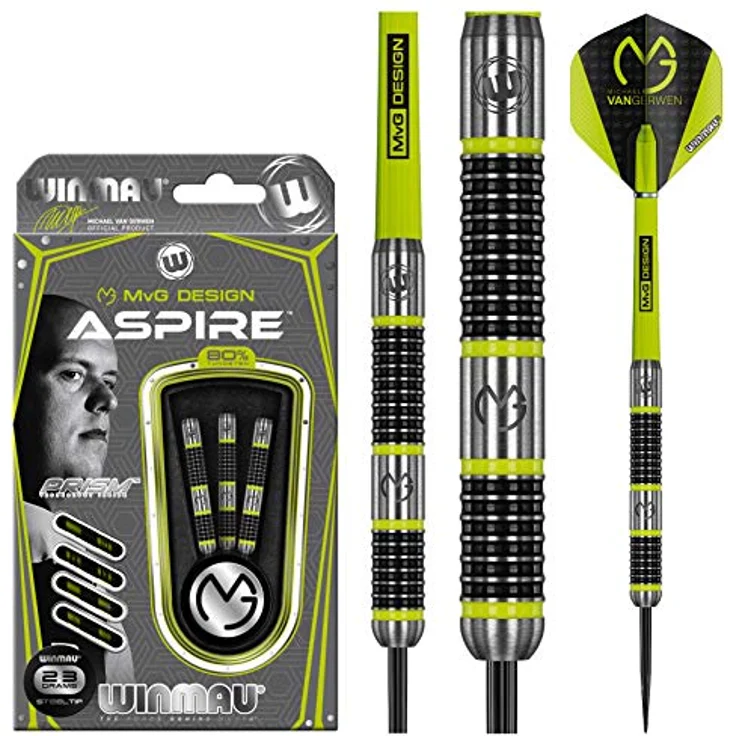 WINMAU Michael Van Gerwen MvG Aspire, 23g Profi Wolfram Steeltip Dartpfeile Set mit Nylon-Schäften und Prism Delta Flights – Bild 5