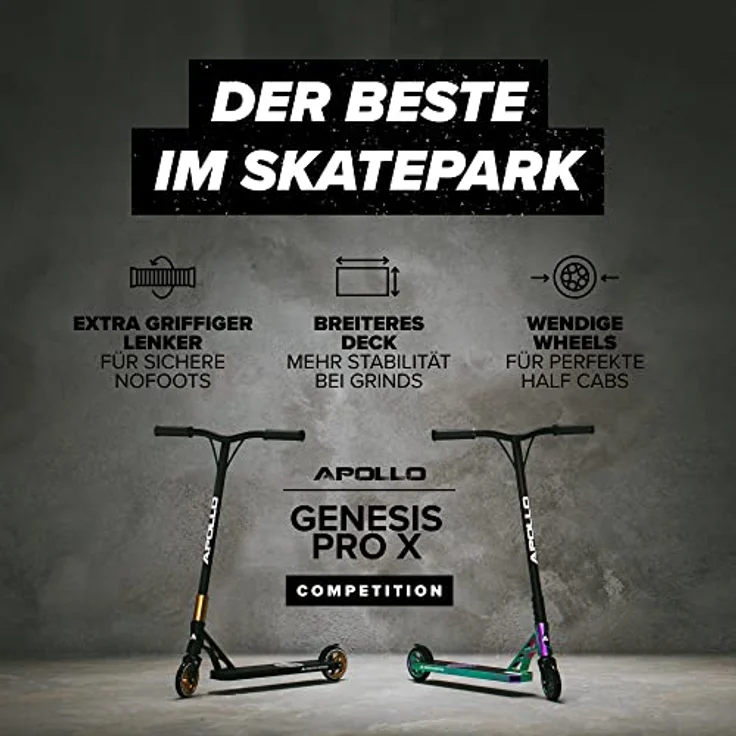 Apollo Stuntscooter Stunt Scooter Genesis Pro X Competition - Freestyle Tricks, PU-Wheels mit Alu Core, ABEC 9 Kugellager, 360° T-Lenker, High End Roller – Bild 6