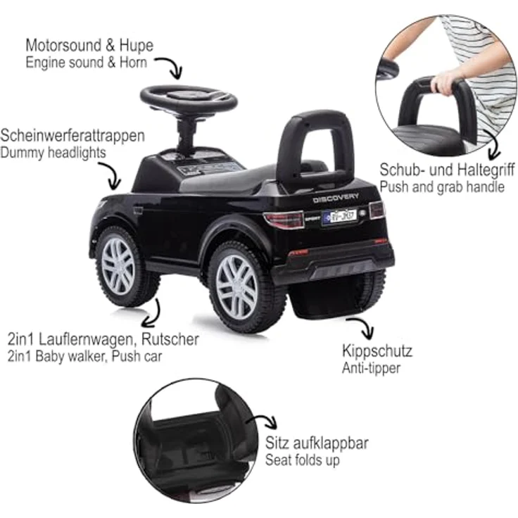 Schwarz Kitchen Rutscher Land Rover Discovery, 2in1 Fahrzeug für Kinder mit Hupe, Sirene und abnehmbarem Anhänger, schwarz – Bild 4