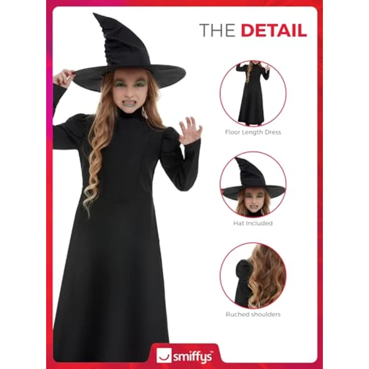 Smiffys Schwarze Zauberin - Hexe Agatha, zweites Kostümset für Kinder mit Kleid und Hexenhut, schwarz aus 100% Polyester – Bild 5