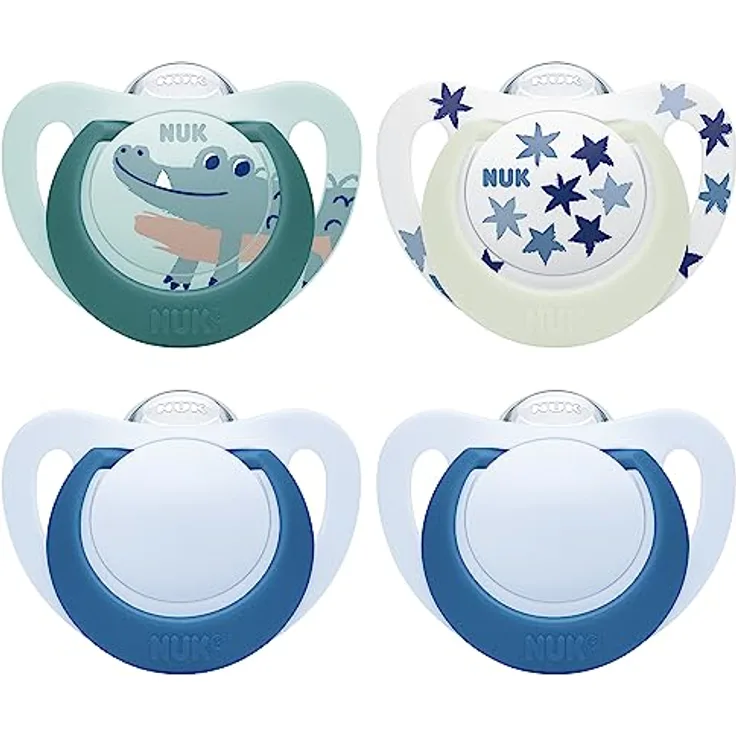 NUK Star Day & Night Babyschnuller | 6-18 Monate | Beruhigt 99 % der Babys | BPA-freie Silikonschnuller | Mit Leuchteffekt für einfaches Finden im Dunkeln | Krokodil | 4 Stück