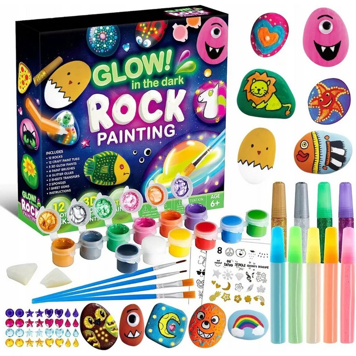 R2 Invest Kreativset Steine bemalen, Set mit 12 Natursteinen, leuchtenden Farben und Stickerbögen für Kinder ab 6 Jahren