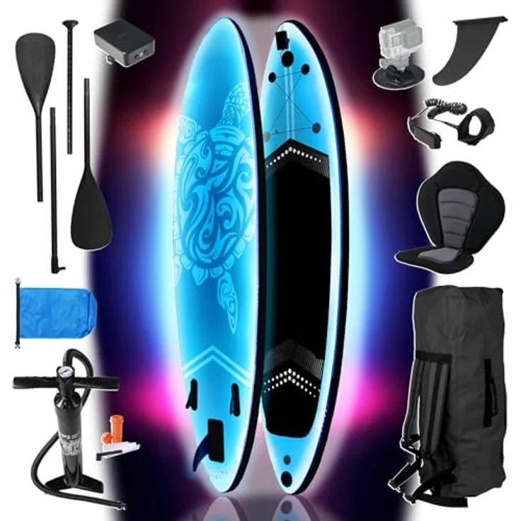 BRAST® SUP Board mit LEDs, aufblasbares Stand up Paddling Set, 320x81x15cm, 10 Farben LED-Beleuchtung, 5 Jahre Garantie, 2in1 Paddel Kajak-Sitz, inkl. Action-Cam-Halterung und Fußschlaufe – Bild 1