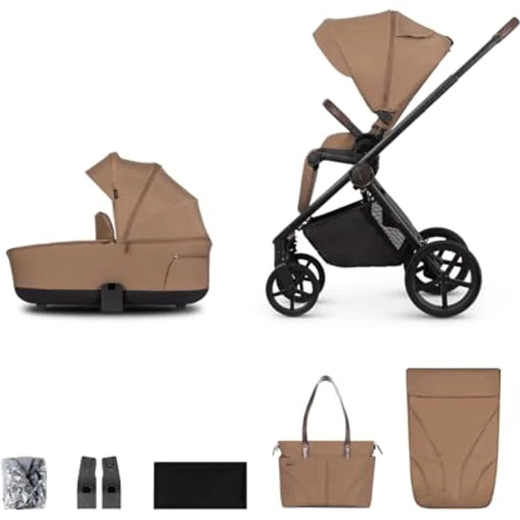 Venicci Claro 2in1 Kombi-Kinderwagen bis 22 kg - Caramel, inkl. Babywanne, Sportsitz, Teleskopschieber, Liegeposition, Regenschutz, Beindecke & Wickeltasche mit Wickeunterlage, Gratis Mobilitätsgarantie – Bild 2
