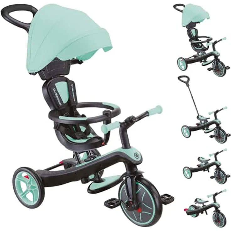 Globber Explorer Trike 4in1 Pro in Mint – Dreirad, Laufrad und Kinderwagen in 10/8,5 Zoll – TPR-Sitz – höhenverstellbares Kinderfahrzeug – Bild 1