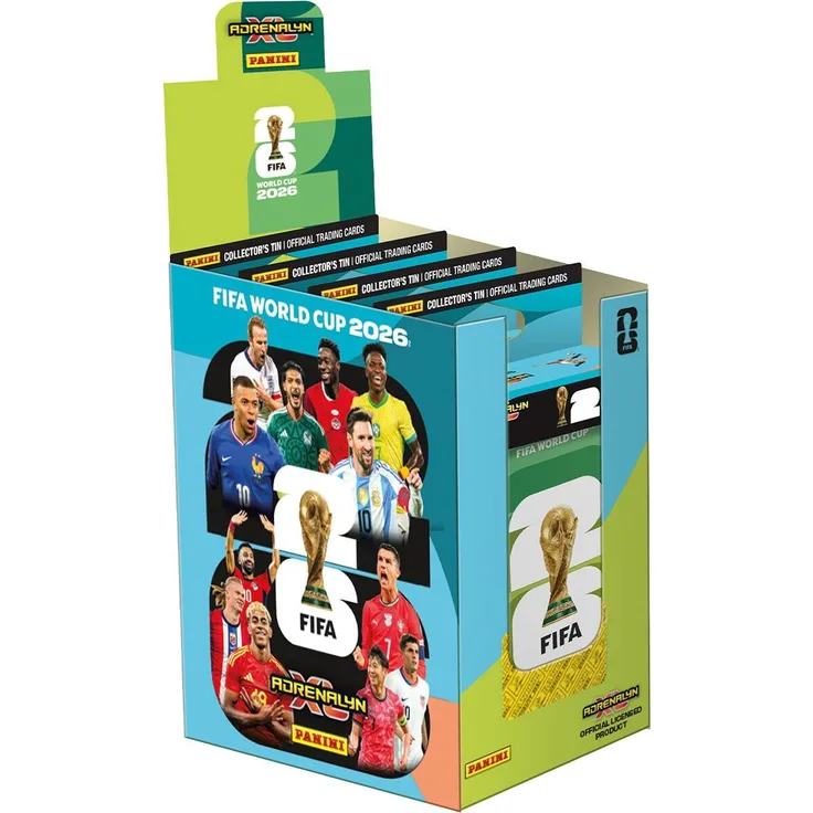 Panini FIFA World Cup Adrenalyn XL 2026, Mini Tin Display mit 4 Pocket-Dosen und 4 limitierten Edition-Karten