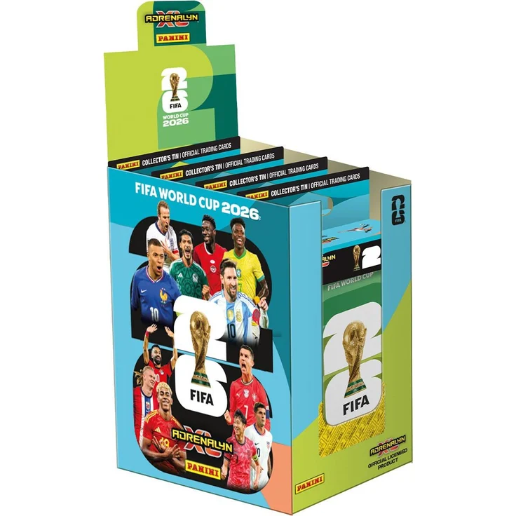 Panini FIFA World Cup Adrenalyn XL 2026, Mini Tin Display mit 4 Pocket-Dosen und 4 limitierten Edition-Karten