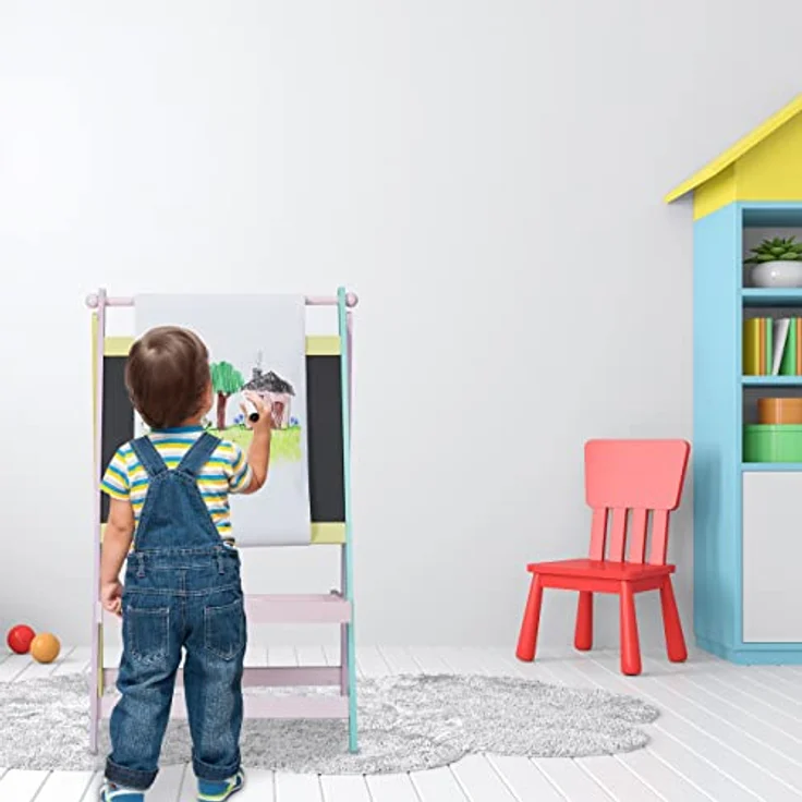 Relaxdays Kindertafel, freistehende Maltafel mit Papierrolle, bunter Rahmen für kreative Kinder – Bild 3