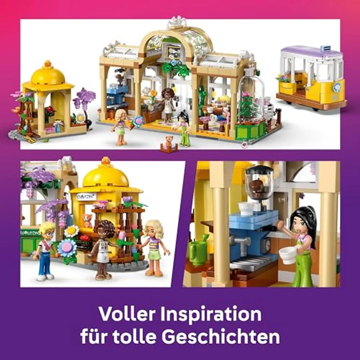 LEGO Friends 42671 Pflanzencafé und Blumenkiosk, Spielset mit 4 Mini-Puppen, Straßenbahn und 1138 Teilen, Mehrfarbig – Bild 4
