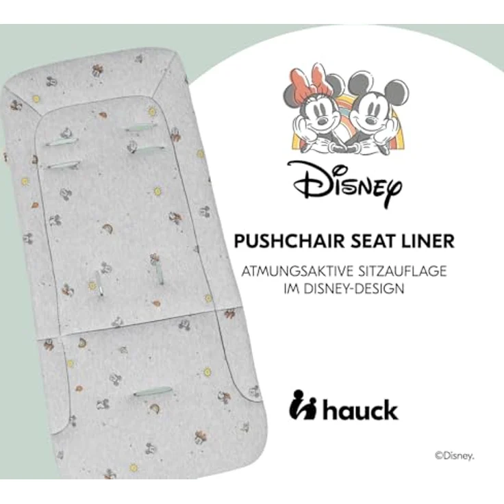 hauck Pushchair Seat Liner, Disney Mickey & Minnie Grey - Atmungsaktive Baumwoll-Sitzauflage 70 x 37 x 3 cm für Buggys und Kinderwagen - Mit 5 Punkt Gurt Fixierung und pflegeleichtem Design – Bild 2