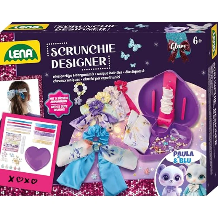 Lena® Kreativset Scrunchies Designer, Komplettset mit elastischem Textil, Gummiband, Accessoires und Nähmaterial, inklusive Herzaufbewahrungsbox – Bild 1