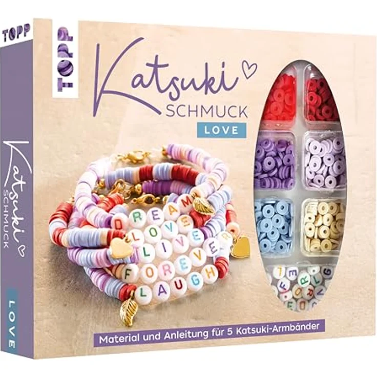 Katsuki Schmuckset mit Buchstabenperlen - LOVE: Anleitung und Material für fünf Armbänder in zarten Farben mit Botschaften (LOVE, DREAM, LIVE, FOREVER, LAUGH) – Bild 2