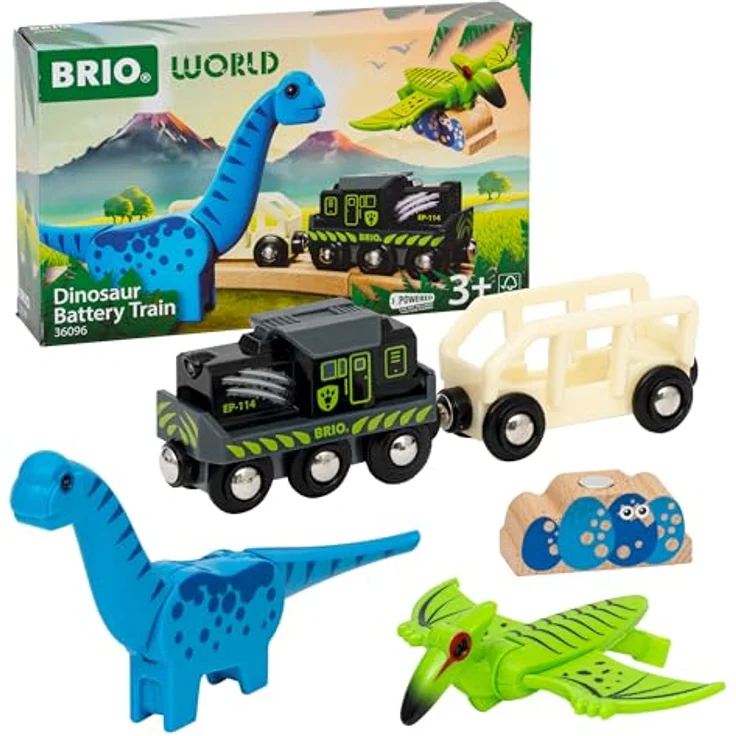 BRIO® Dinosaurier Batteriezug, 5-tlg. Spielzeug-Eisenbahn Set mit beweglichen Dinosaurierfiguren und Frontscheinwerfern, FSC® zertifiziert – Bild 1