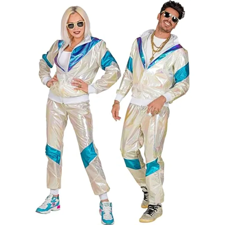 W WIDMANN MILANO Party Fashion Kostüm Trainingsanzug, Retro-Style 80er Jahre Jogginganzug in holografischem Weiß, Größe L für Karneval & Party