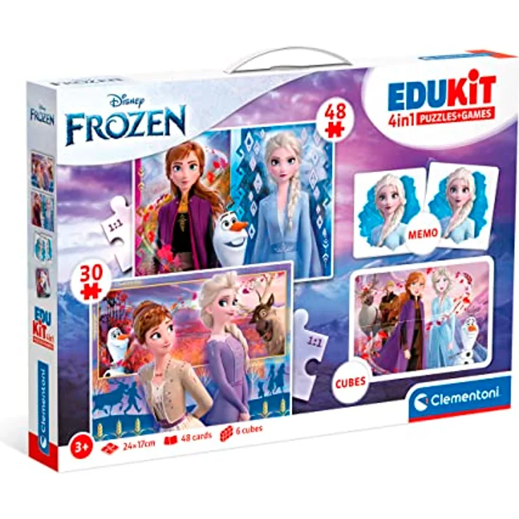 Clementoni Disney Frozen 2-4in1 Set, pädagogisches Spieleset mit 30 und 48-teiligem Puzzle, Memo und 6 Würfeln, für Kinder ab 3 Jahren