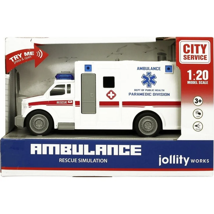 Jollity JollyVrooom Krankenwagen 1:20, Spielzeugauto mit Licht- und Soundeffekten, mehrfarbig