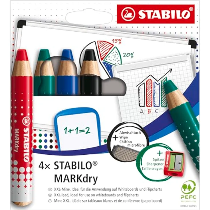STABILO MARKdry Whiteboardmarker, 4er Etui mit XXL-Mine, lösungsmittelfrei und geruchsneutral, trocken und nass abwischbar – Bild 1