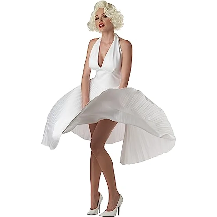 Metamorph Marilyn Kostüm, weißes knielanges Neckholderkleid mit runden Faltenrock, Größe L