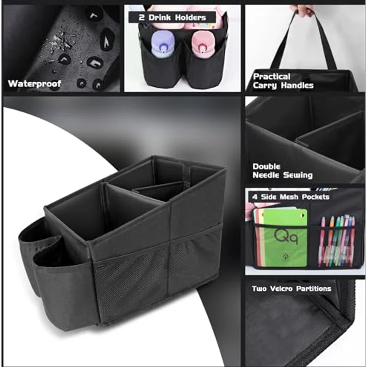 AiQInu Autositz Organizer, praktische Aufbewahrungsbox für Kinder mit 3 DIY-Fächern, 4 Netztaschen und 2 Becherhaltern, wasserdicht und faltbar, für Vorderen Rücksitz und Kofferraum, schwarz – Bild 5