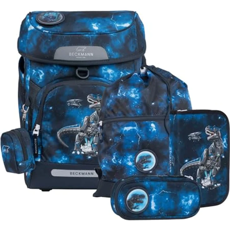 Beckmann Schulranzen Plus Air, 7-teiliges Set mit ergonomischem Tragesystem, schwarz-blau, inkl. Regenhülle und wechselbaren Buttons