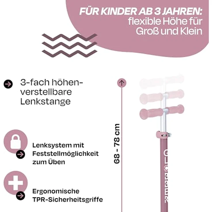 Globber PRIMO FOLDABLE LIGHTS ECO beere, 3-rädriger Kinderscooter mit leuchtenden Vorderrädern und sicherem Klappmechanismus – Bild 4
